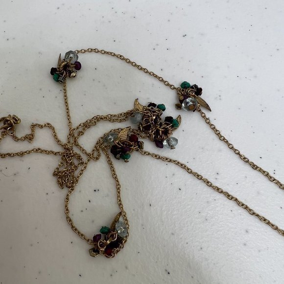 Beaded Necklace Leaf Cluster Gold‎ Tone Chain Long Blue Red Purple - Picture 5 of 6